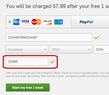 A screen capture of the Hulu Plus Payment Form