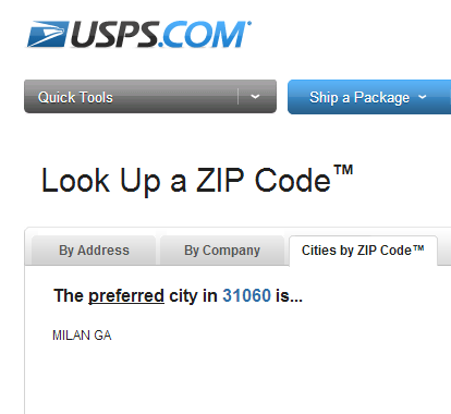 A screen capture of the USPS ZIP code validation results page